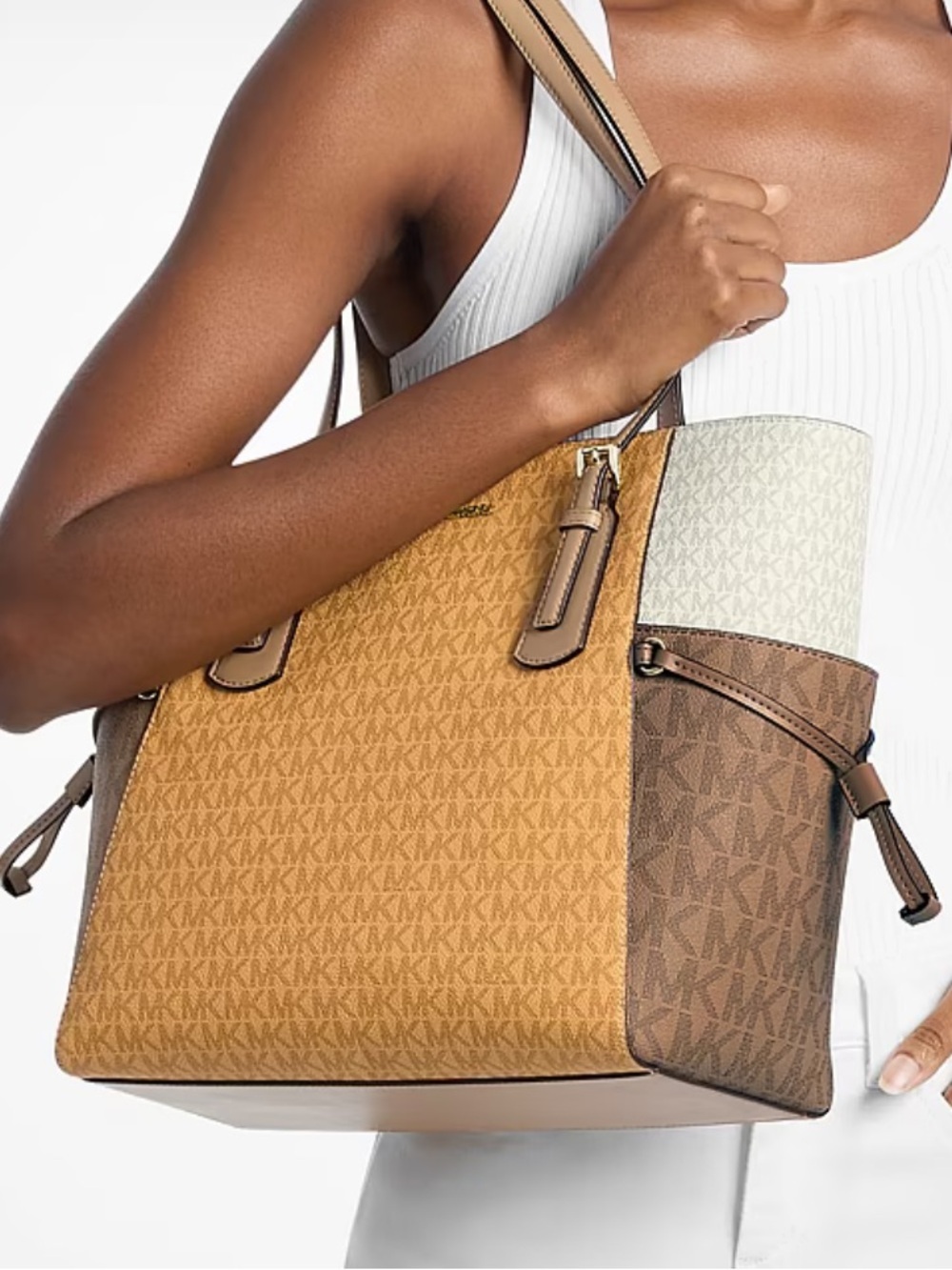 Michael Kors Tricolor Voyager Large Color-Block Signature Logo Tote Shoulder Bag